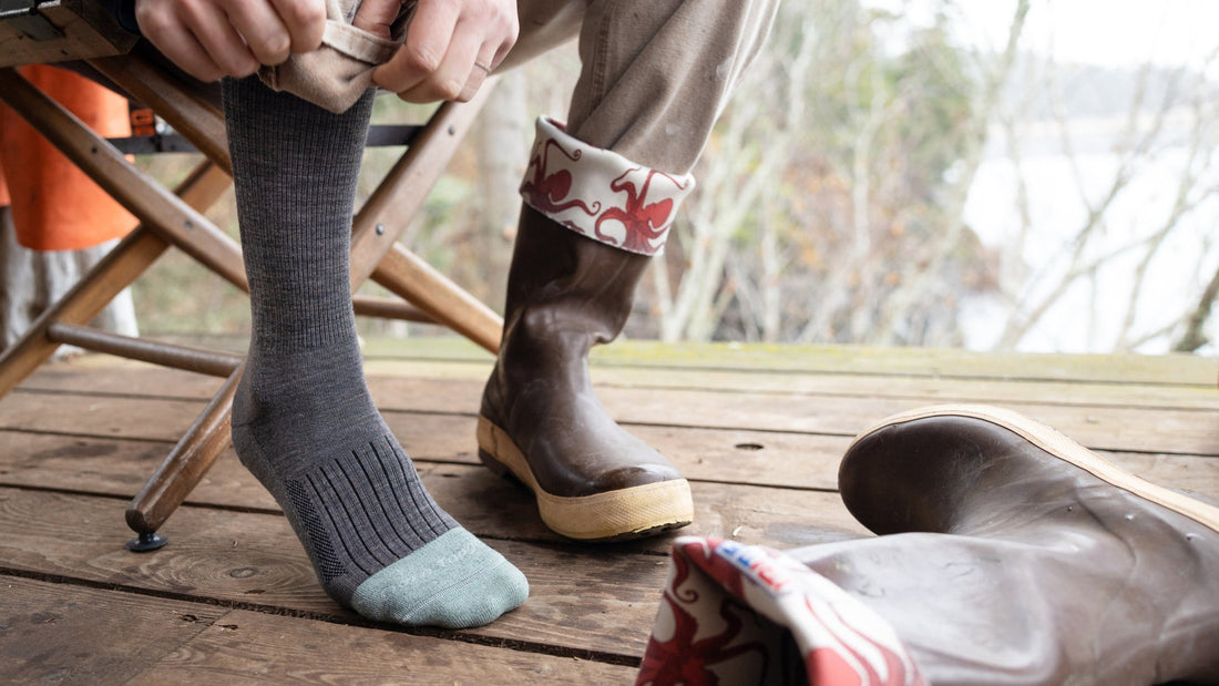 Image of model wearing the women's steely boot work socks